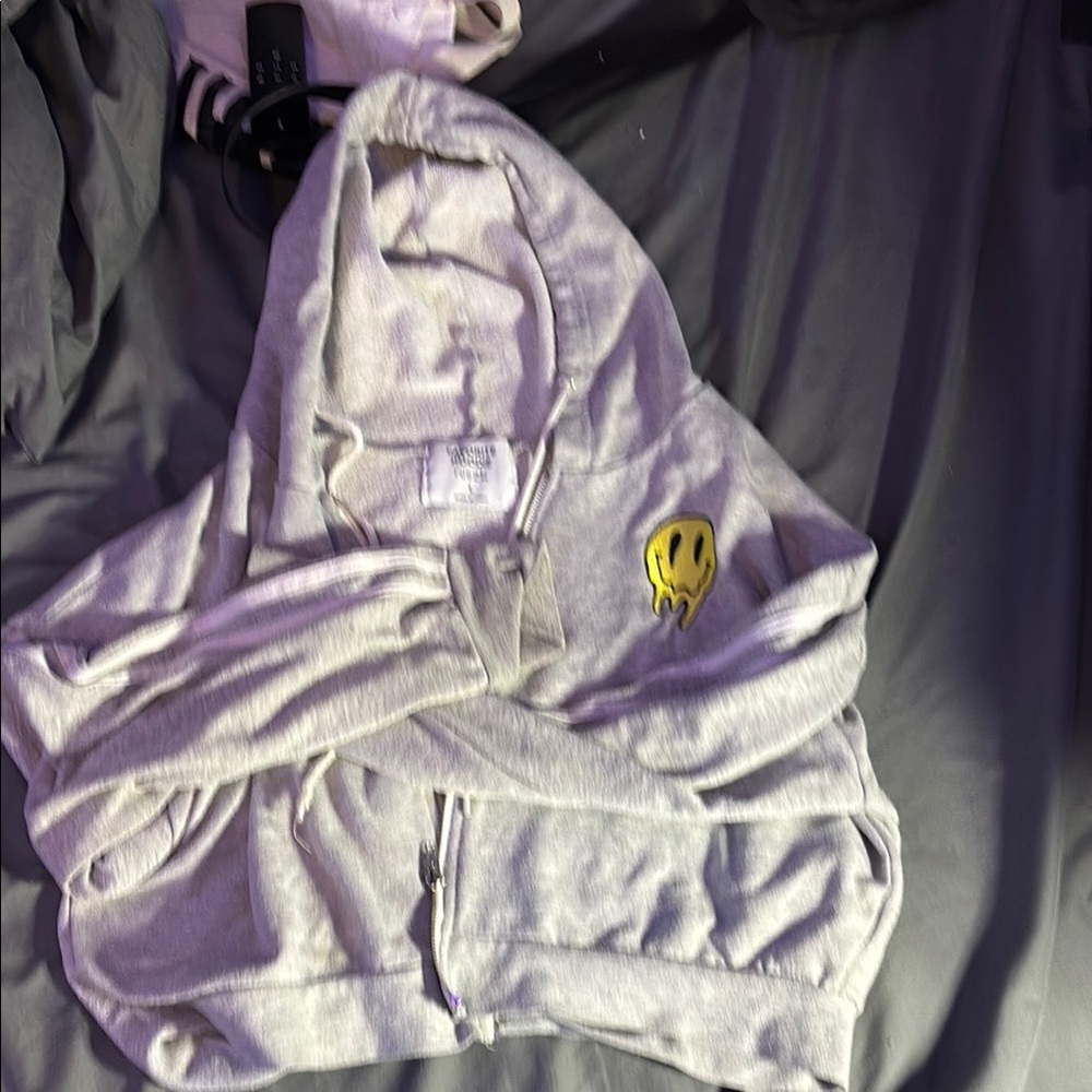 Gray Hoodie with Yellow Smiley Patch